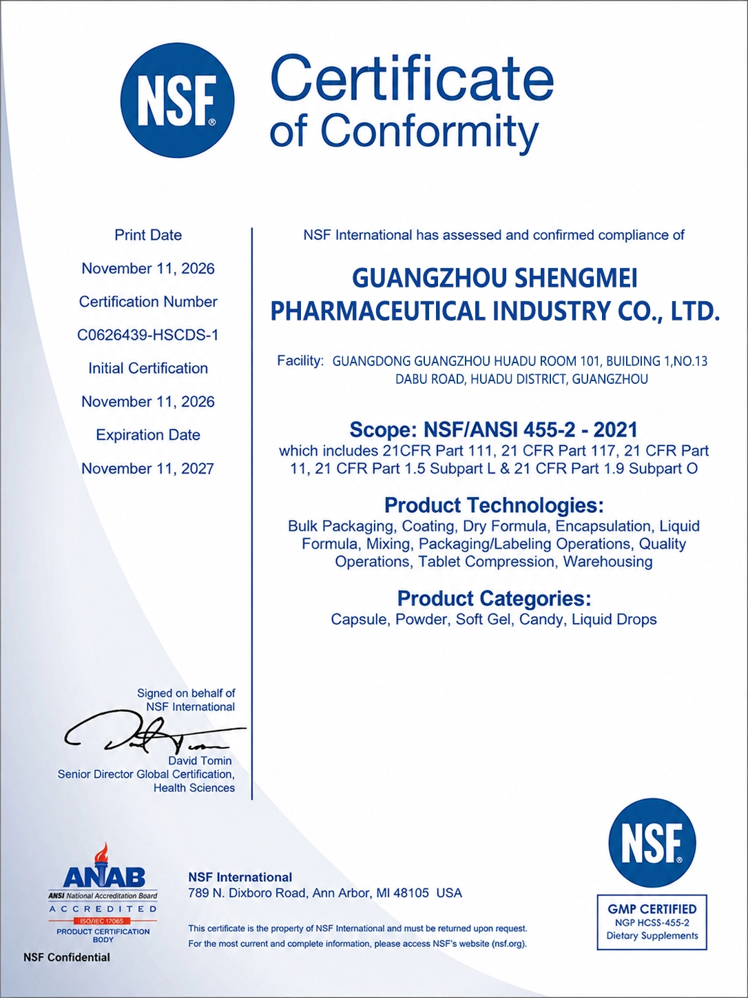 NSF Certificate of Conformity