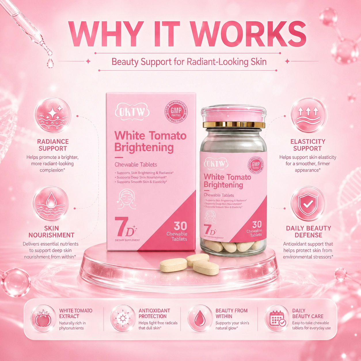 OKTW White Tomato Brightening Chewable Tablets Lifestyle-ready pack