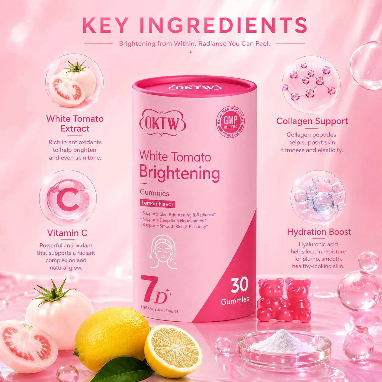 OKTW White Tomato Brightening Gummies Lifestyle-ready pack