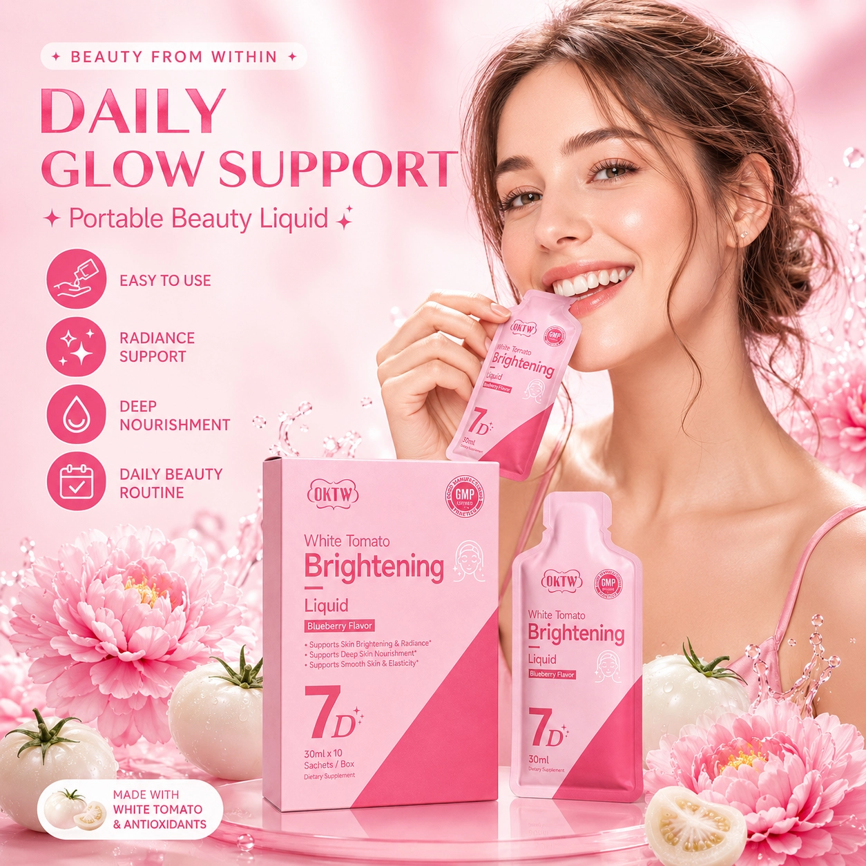 OKTW White Tomato Brightening Oral Liquids Lifestyle-ready pack