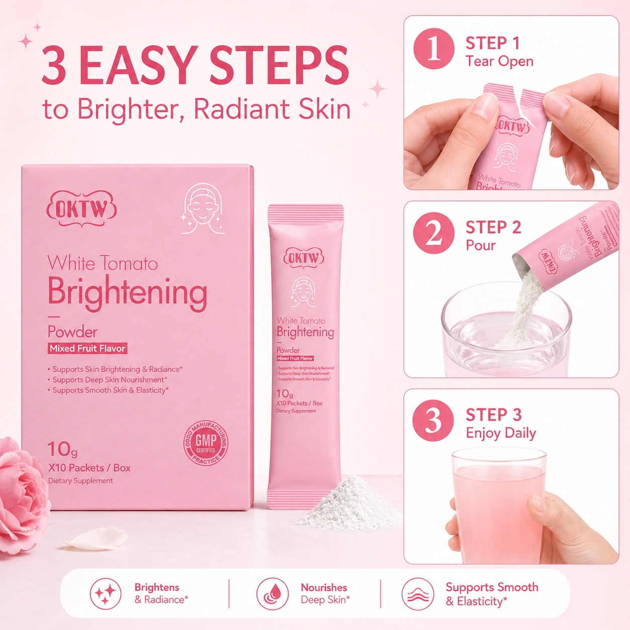 OKTW White Tomato Brightening Powder Sachets Lifestyle-ready pack