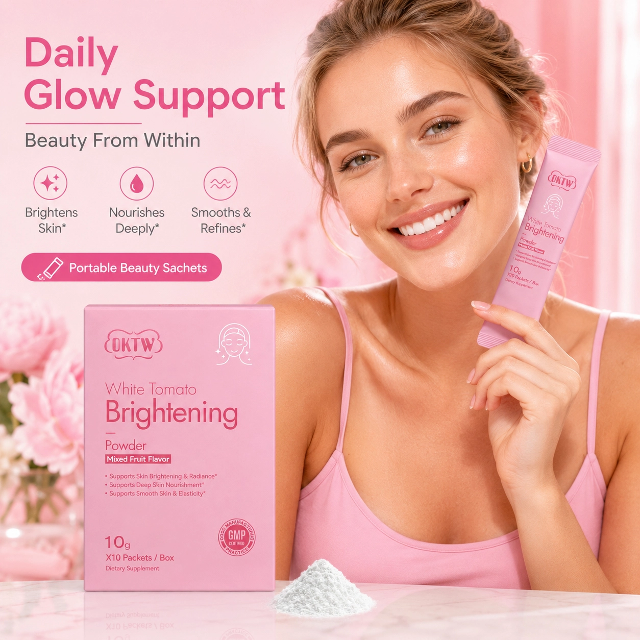OKTW White Tomato Brightening Powder Sachets Back label direction