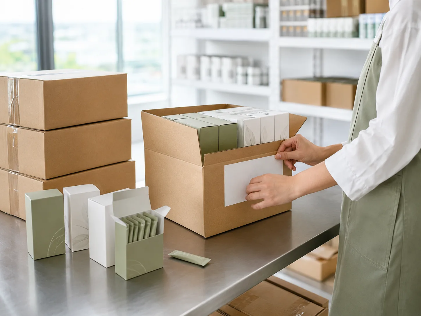Ready-stock supplement cartons being packed and labelled for shipment