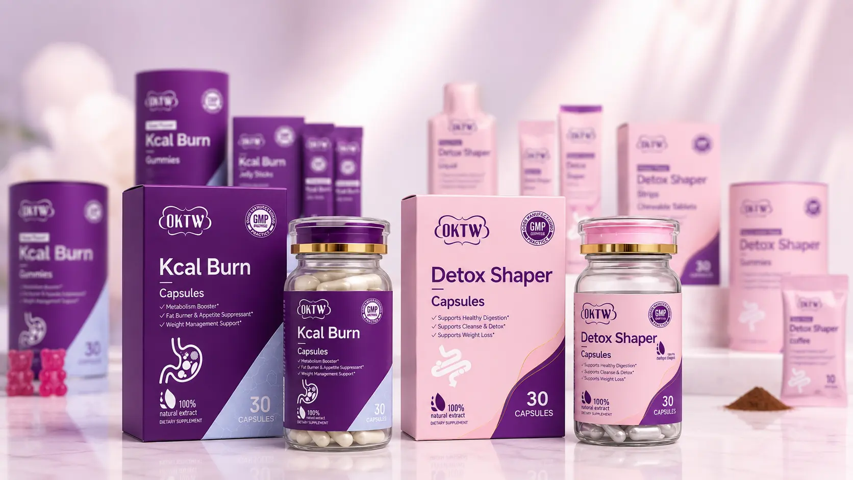OKTW Kcal Burn satiety capsules and Detox Shaper capsules with multiple supplement formats