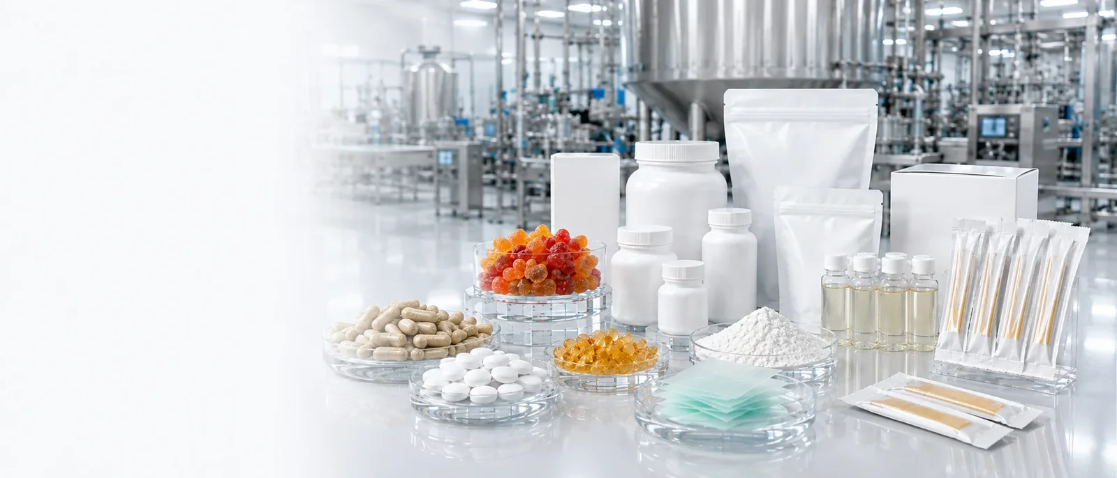 Capsules gummies powders liquids oral strips and supplement packaging formats
