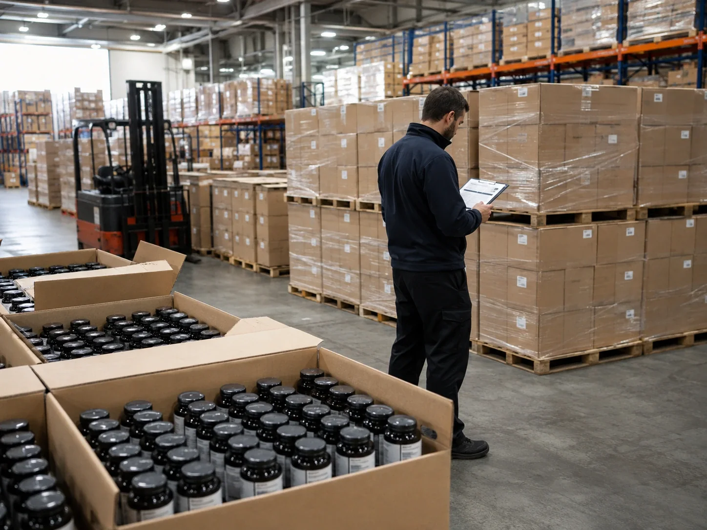 Bulk supplement cartons and pallets in finished goods warehouse