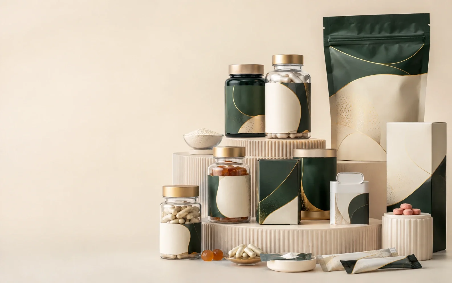 Finished private label supplement bottles pouches boxes and gummies